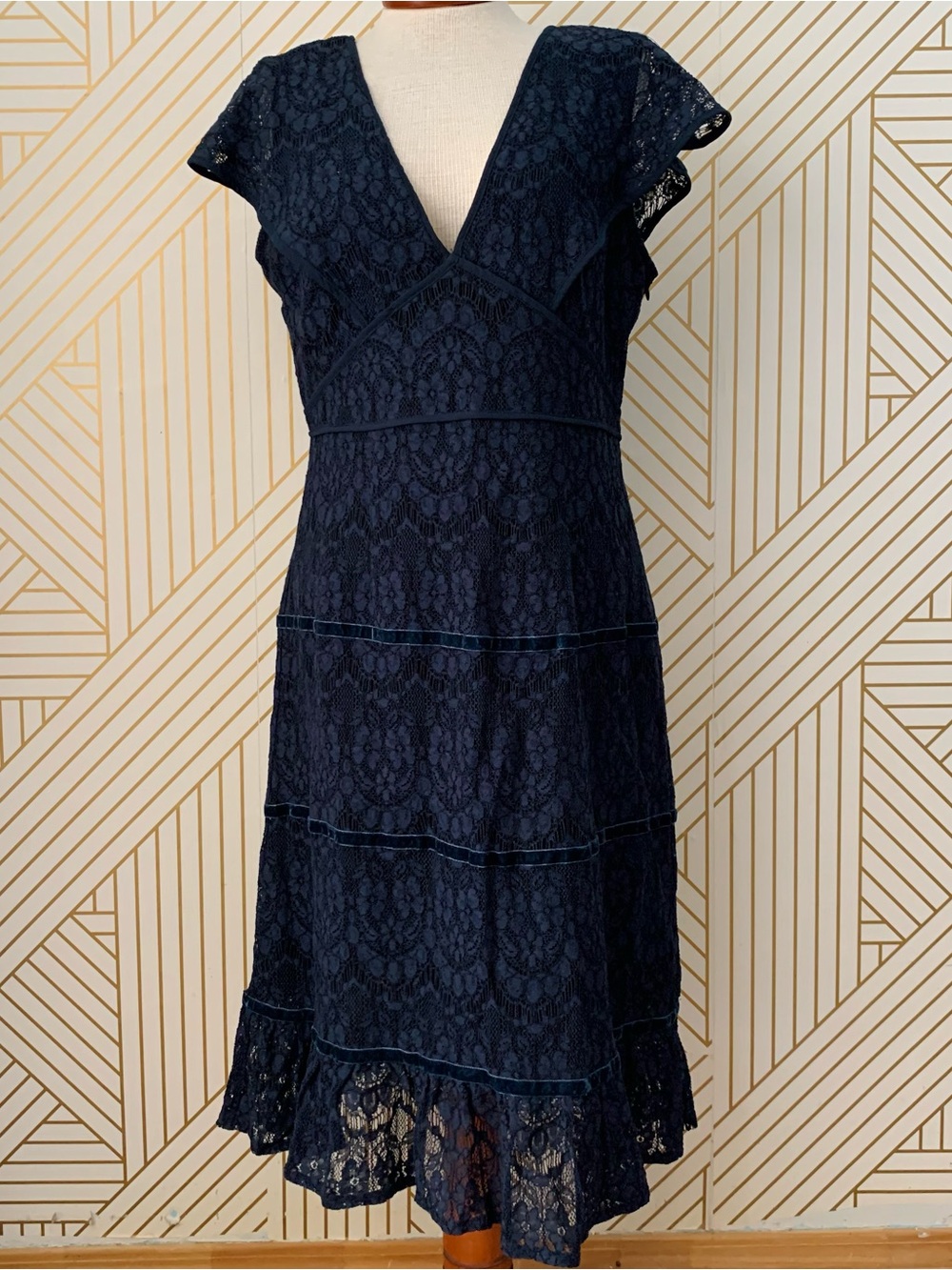 Anthropologie FOXIEDOX NWT Clarinda Navy Tiered Lace Velvet Midi A-line Dress